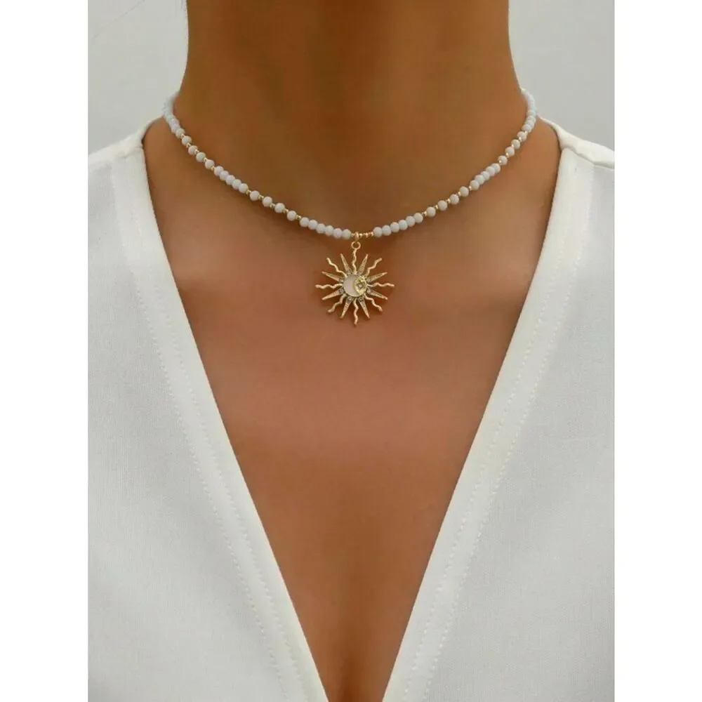 Gold Sun Pendant Beaded Necklace A1818